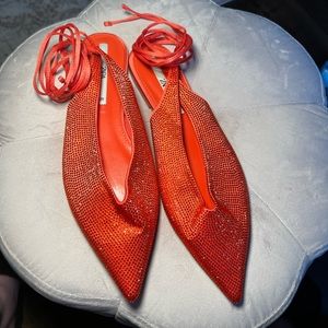 Zara Orange Rhinestone Pointy Toe Flats Size 8